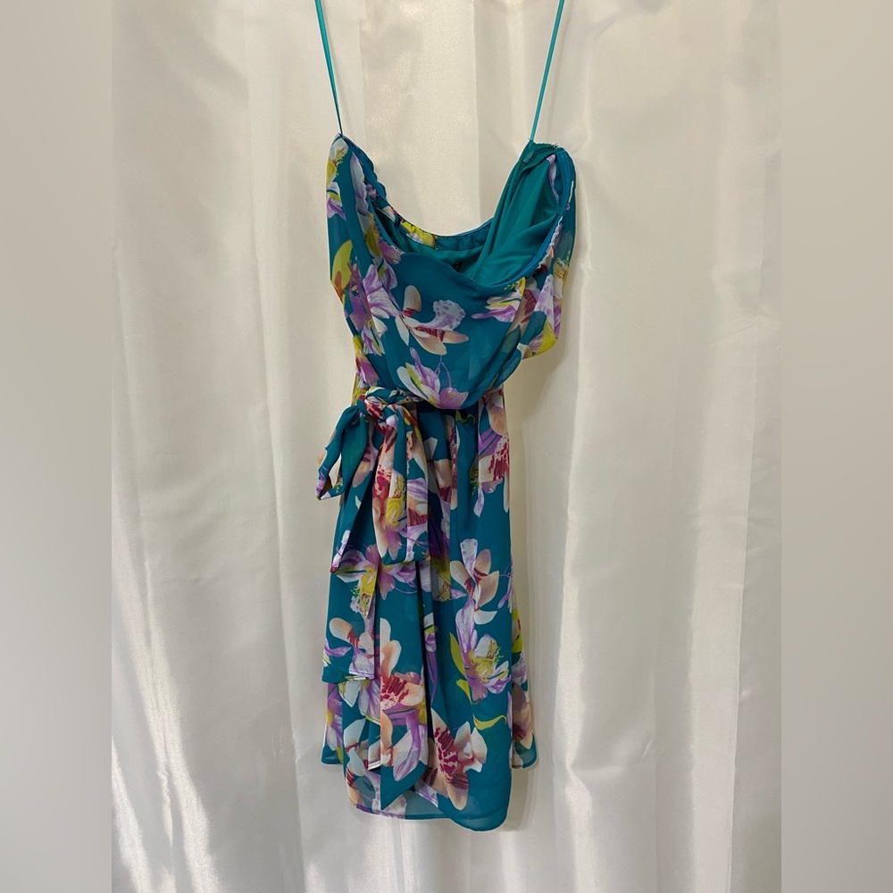 Express Teal Floral Strapless Dress